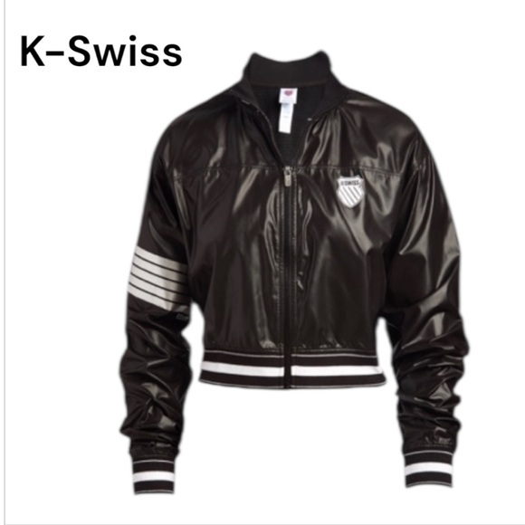 NWT K-Swiss Women's Shiny Black & Silver Cropped Bomber Jacket Size Medium - Picture 1 of 15
